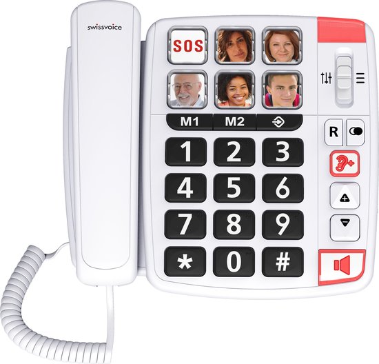 Senioren telefoon in het wit met grote toetsen en fotos